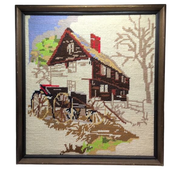 Vintage Other - Vintage Grist Mill and Carriage Wagon Cottage Crewel Framed Needlepoint Art